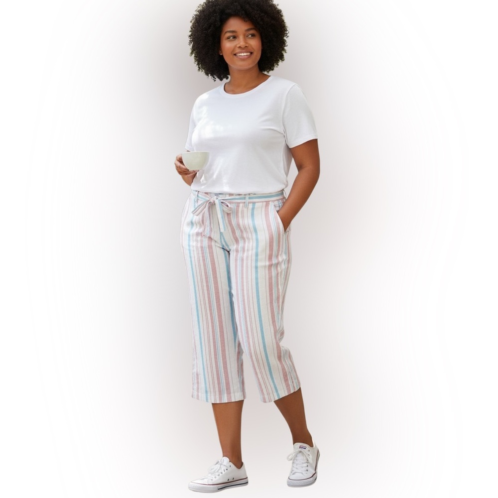 J. Peterman Wide Crop Leg Linen Cotton Nude Striped High Rise Pants Waist Tie 16